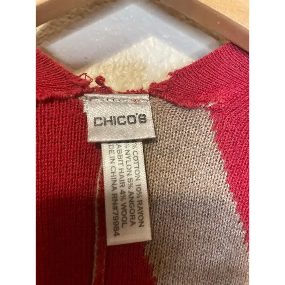 Chico's Boho Red & Beige Geometric Print Cozy Knit Kimono Shawl One Size